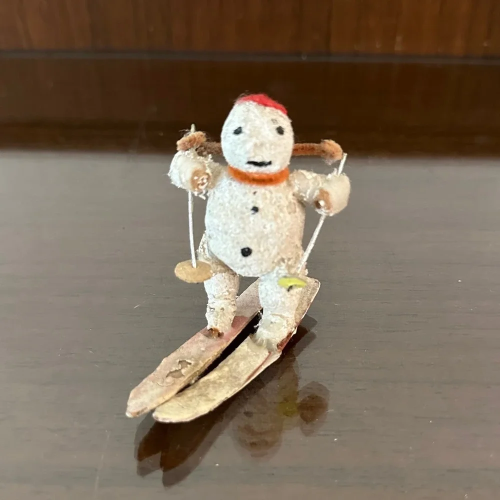 Vintage Putz Mache Snowman Skier Figurine Miniature Christmas Ornament 2.5